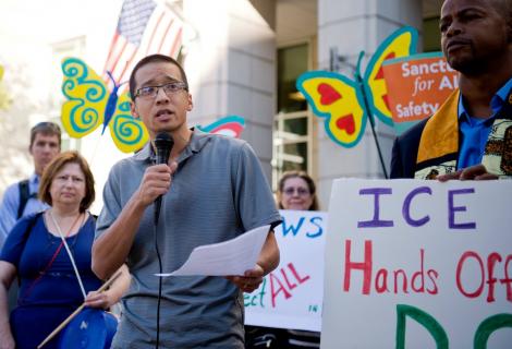 A photo of Brandon Wu at a protest